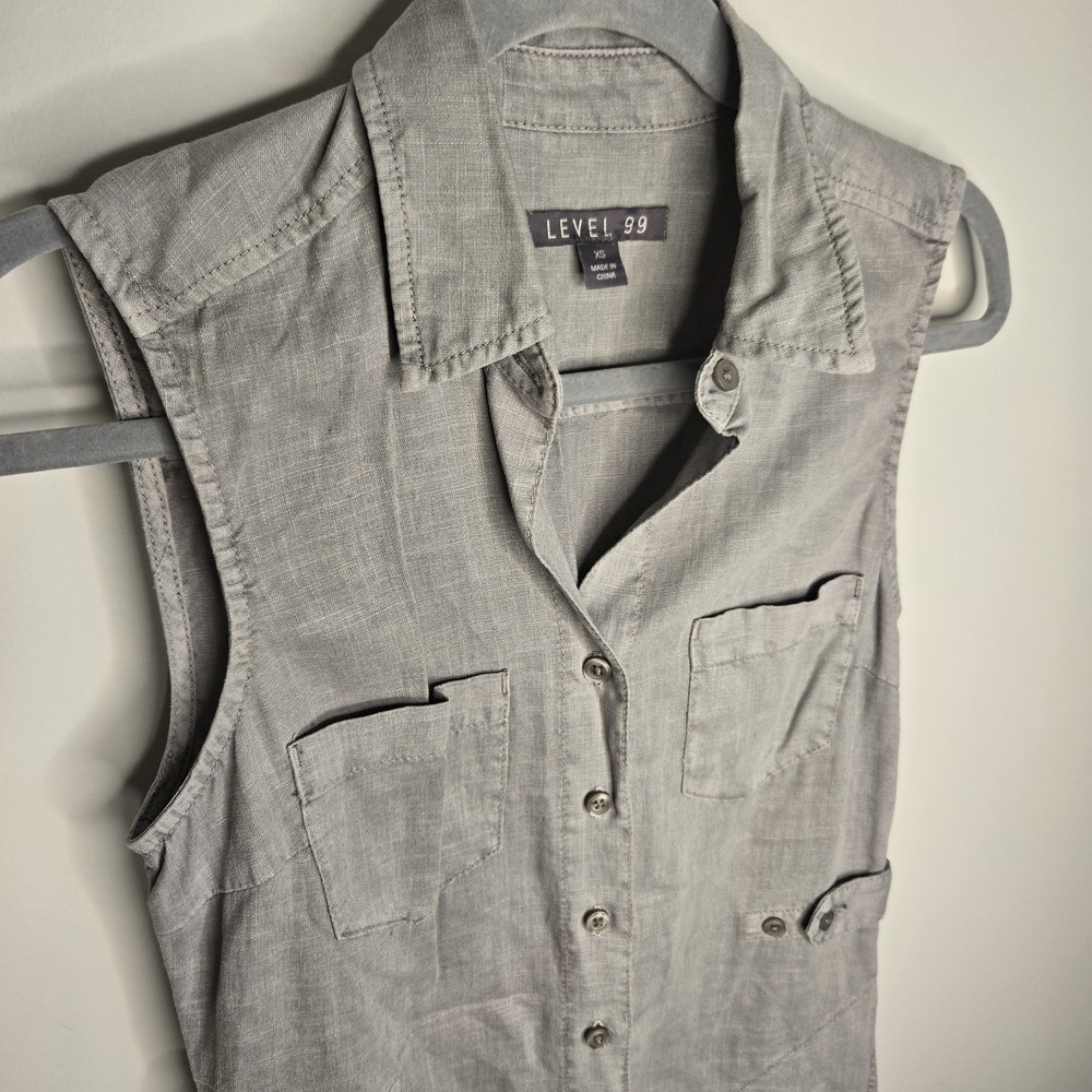 Level 99 Gray Military Grunge Linen Blend Shirt Dress Sz XS Button Up Mini - Picture 4 of 11